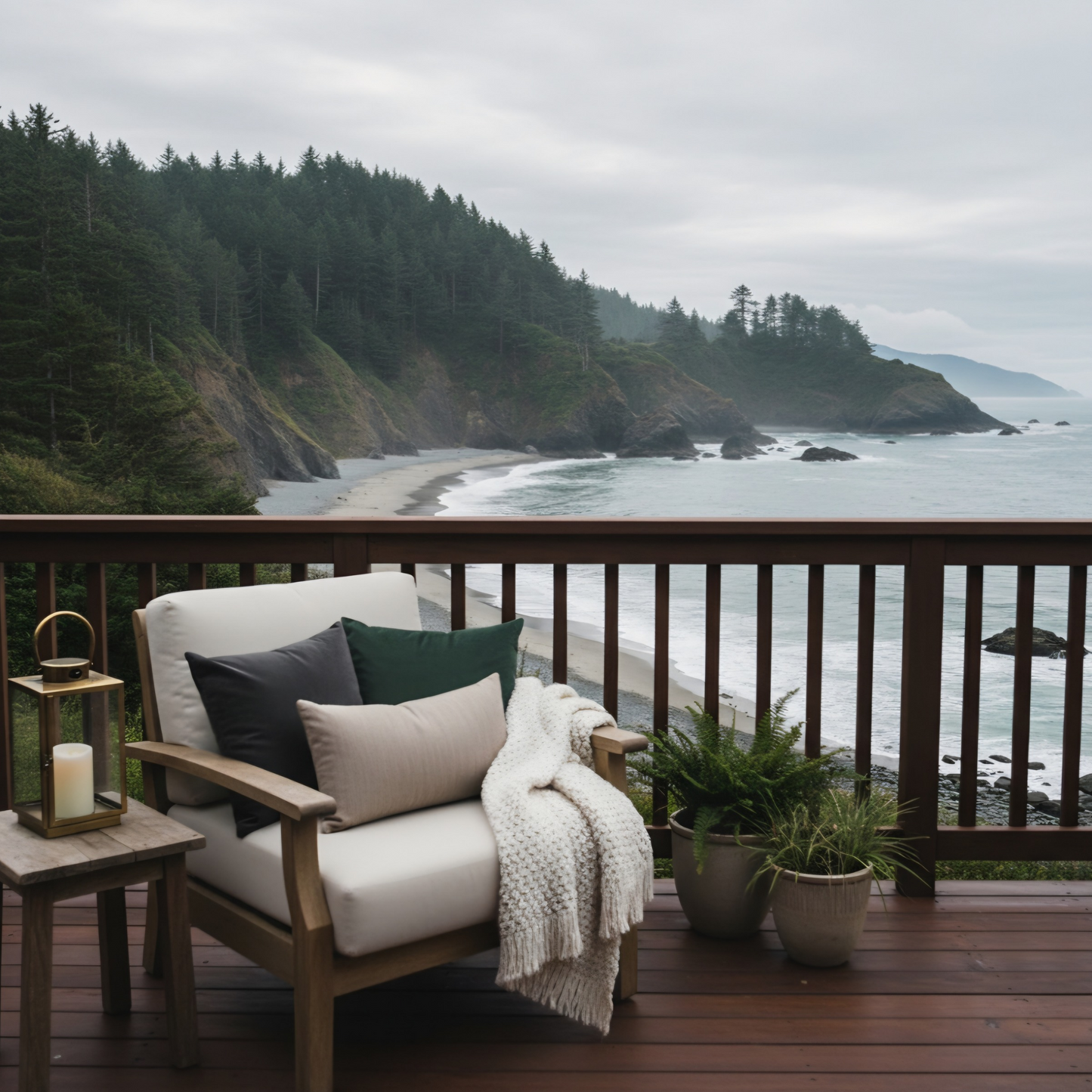 Cozy wooden deck with cushioned chair layered pillows, knit throw, lantern, and potted ferns overlooking misty Pacific Northwest coastline with forested cliffs