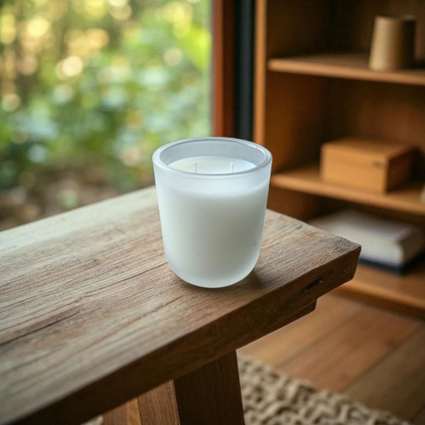 Frosted Orriswood scented candle on wood bench and blurred background