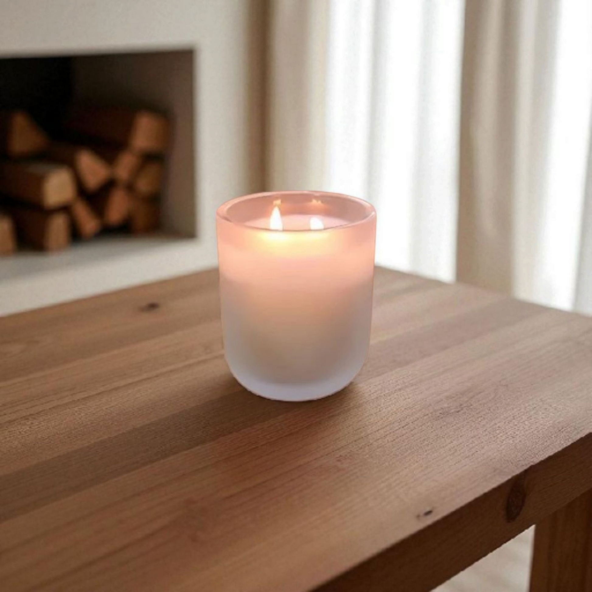 White Orriswood candle on wooden surface with fireplace in background