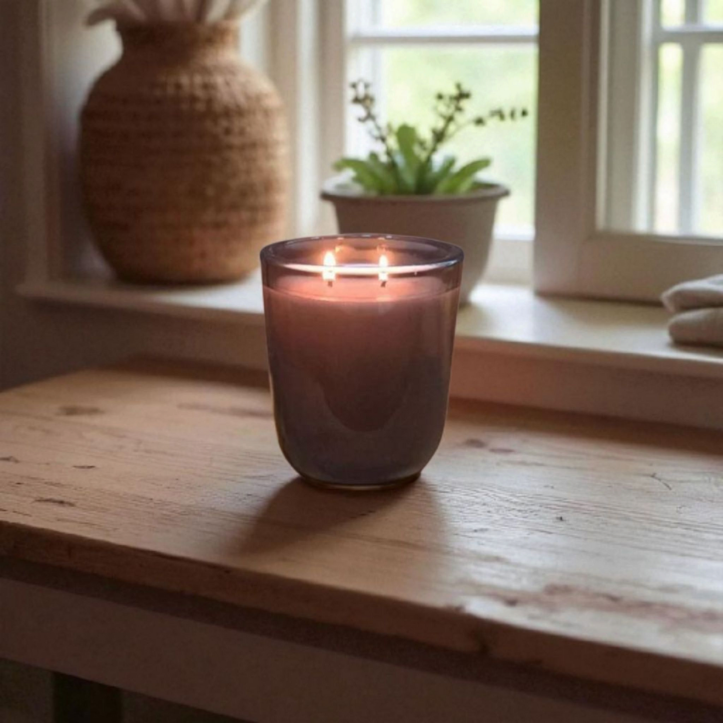 Mossfall candle on wooden surface against window with plant