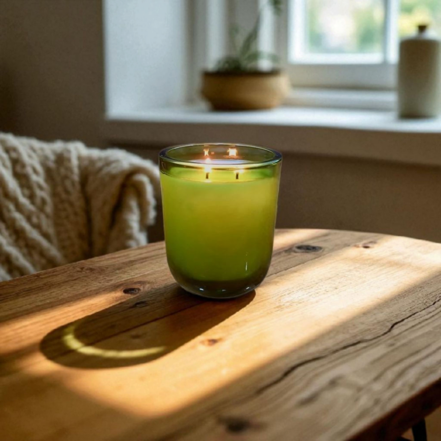 Green glass Fogborn candle on wood surface with soft focus background