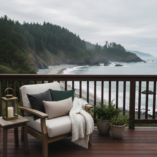 Cozy wooden deck with cushioned chair layered pillows, knit throw, lantern, and potted ferns overlooking misty Pacific Northwest coastline with forested cliffs