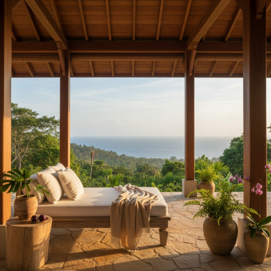 Open-air pavilion with wooden beamed ceiling, daybed with neutral pillows, stone terrace, lush tropical plants in terracotta pots, and panoramic ocean views