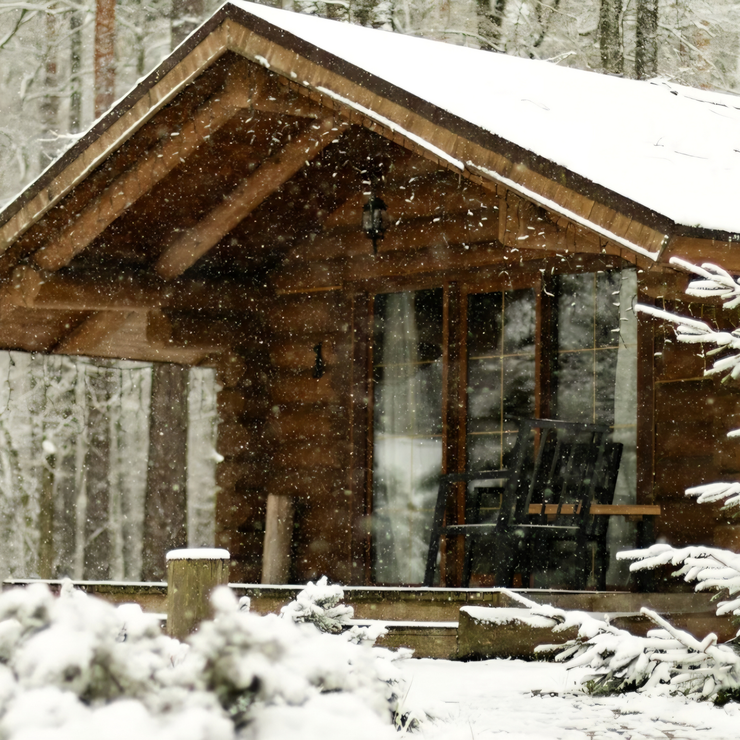 Rustic wooden cabin with snow-covered roof and deck, falling snow, and frosted evergreen trees in a peaceful winter forest setting