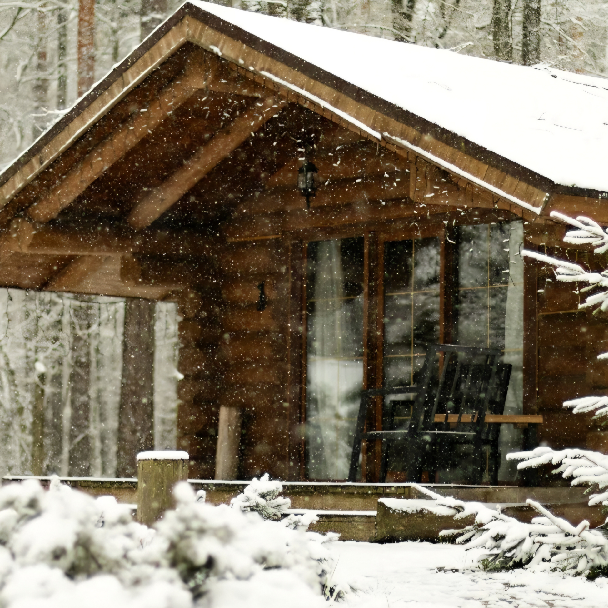 Rustic wooden cabin with snow-covered roof and deck, falling snow, and frosted evergreen trees in a peaceful winter forest setting