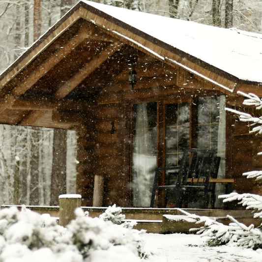 Rustic wooden cabin with snow-covered roof and deck, falling snow, and frosted evergreen trees in a peaceful winter forest setting