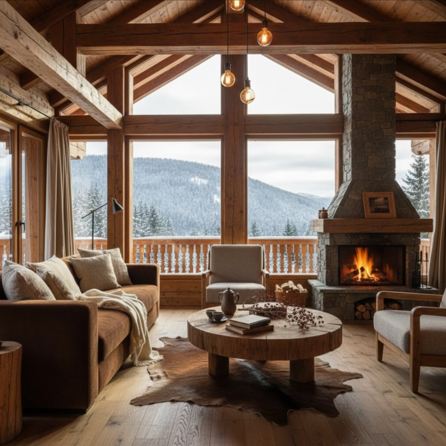 Cozy mountain cabin interior with vaulted wood beam ceilings, stone fireplace with glowing fire, neutral furniture, and panoramic windows overlooking snow-covered peaks