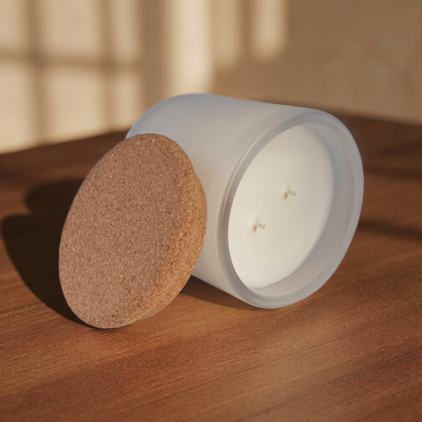 An unlit frosted white Reverie Box Orriswood glass candle vessel lying with cork lid on a wooden table in warm sunlight casting soft shadows across the scene.