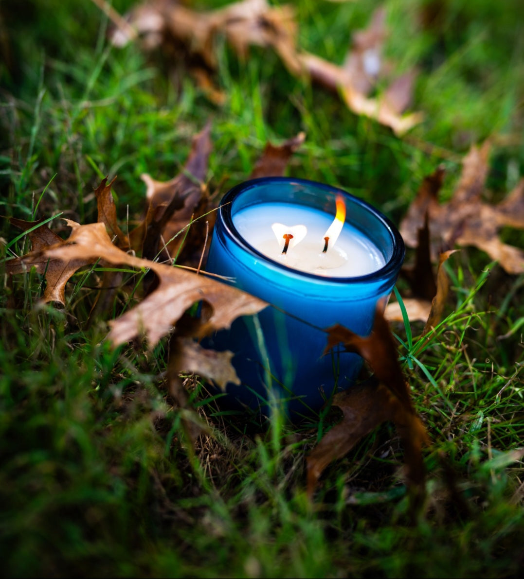 blue glass candle on green grass with brown leaves