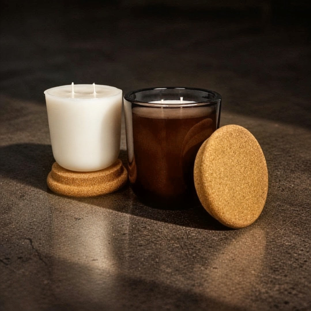 A clean coconut-apricot wax candle refill insert with two cotton wicks sits balanced on a round cork lid next to a dark translucent amber glass vessel on a polished concrete surface with moody sunlight shadows.