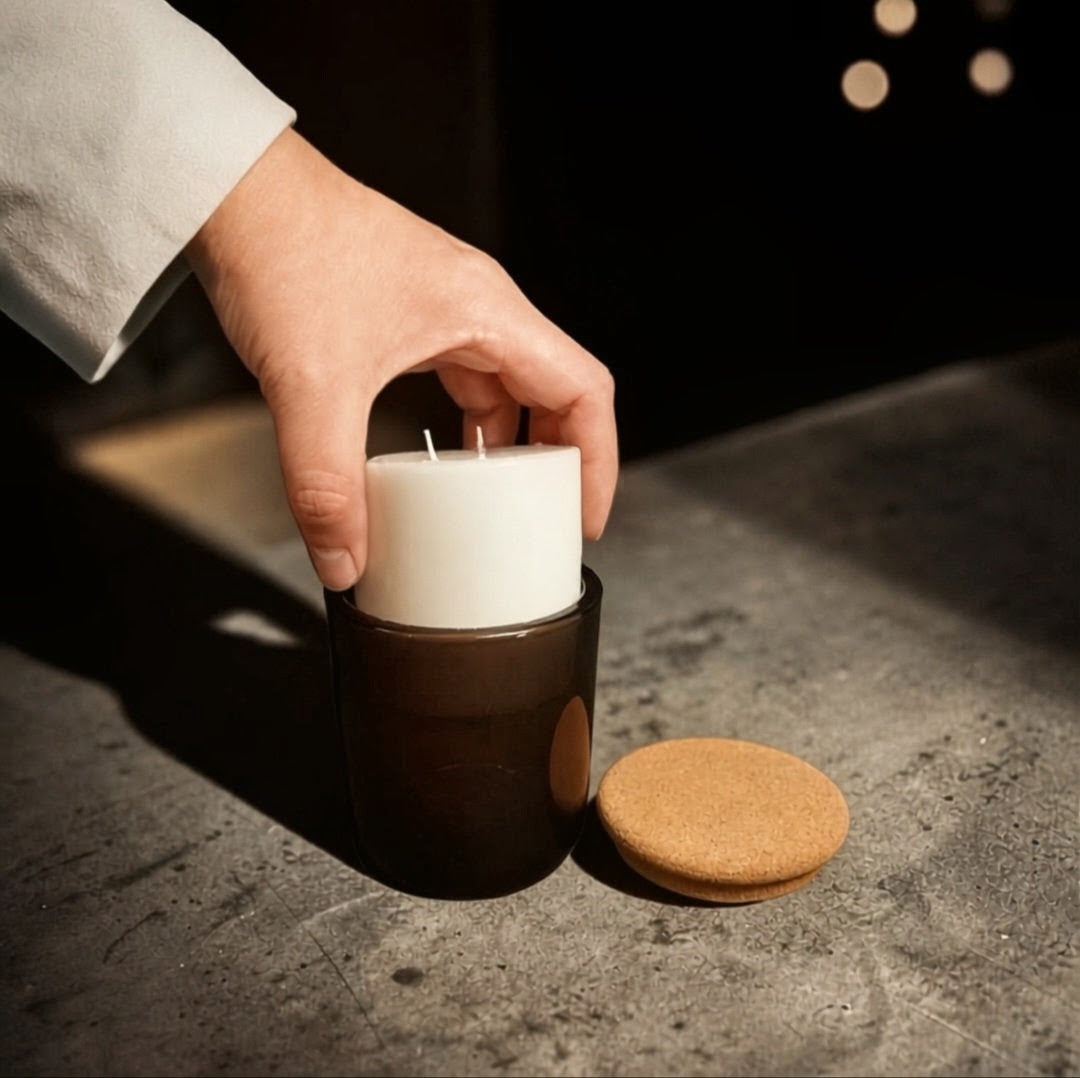 A person's hand wearing a soft lightgray sleeve carefully slides a fresh coconut-apricot wax Reverie Box candle refill insert with two wicks into a dark amber brown Mossfall glass vessel on a textured concrete surface under dramatic light.