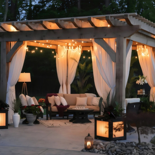Elegant outdoor pergola with white curtains and string lights, coy seating area with neutral pillows, glowing lanterns, and lush greenery at dusk
