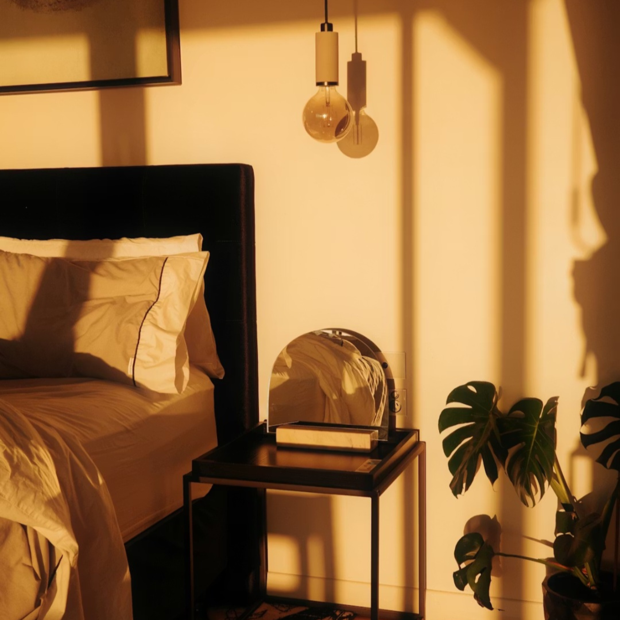 Bedroom with warm lighting, bed, nightstand, and plant - inspiration for Orriswood and Fogborn scent pairing