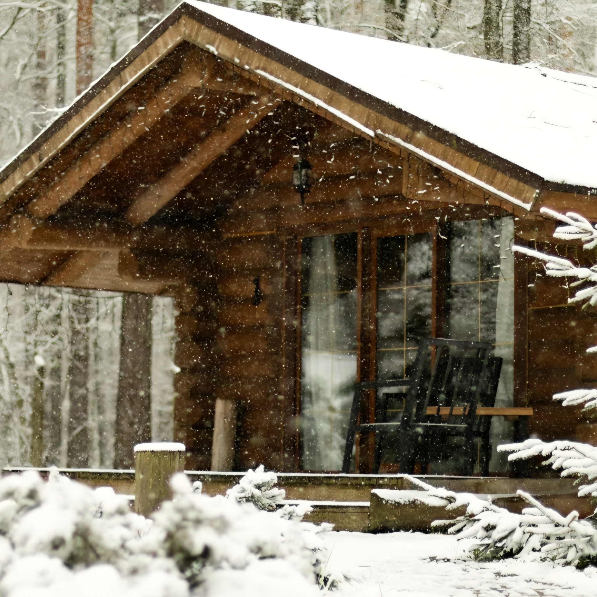 Wooden cabin in the woods during a snowfall inspiration for Winter Reigns and Mossfall scent pairing