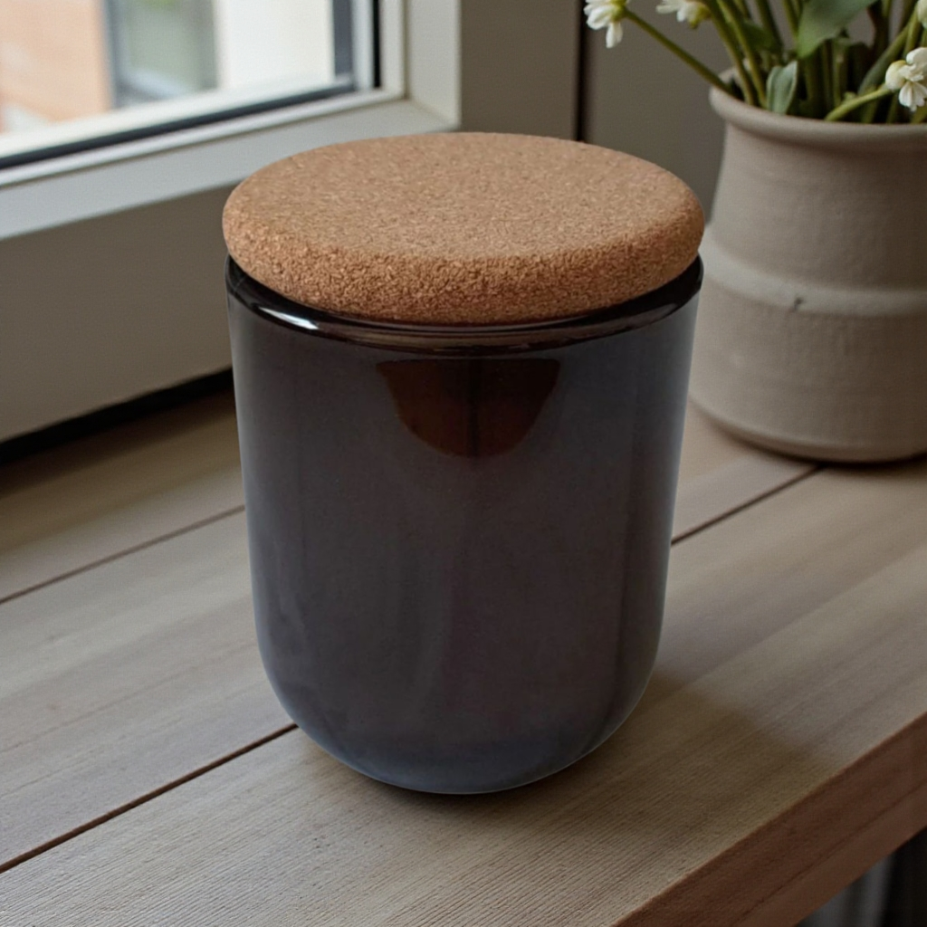 Mossfall candle in deep brown glass with cork lid in cozy window setting with fresh flowers in clay pot nearby