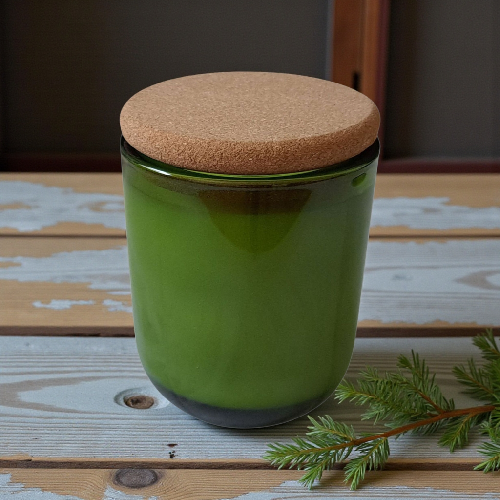 Fogborn green glass candle and natural cork lid on a rustic wooden surface with pine sprig