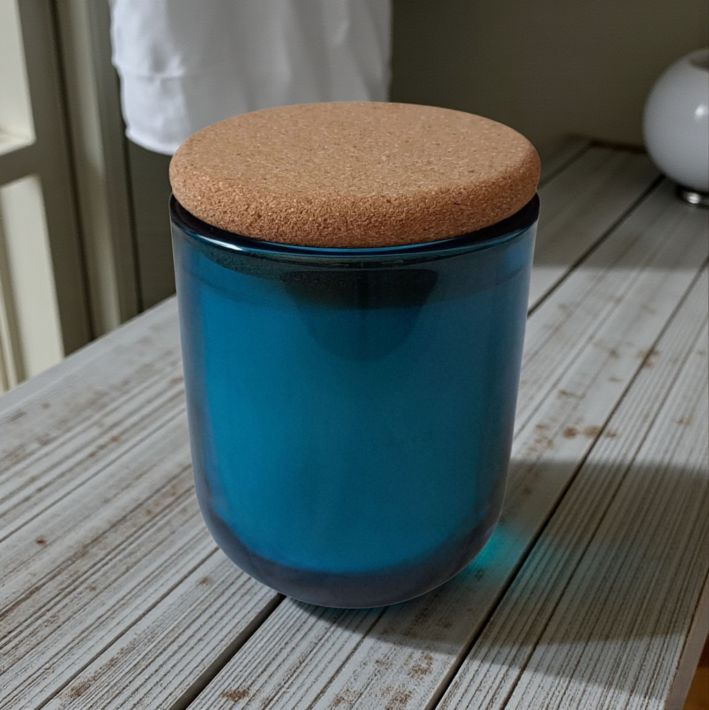 Saltmere blue glass candle with natural cork lid in coastal setting