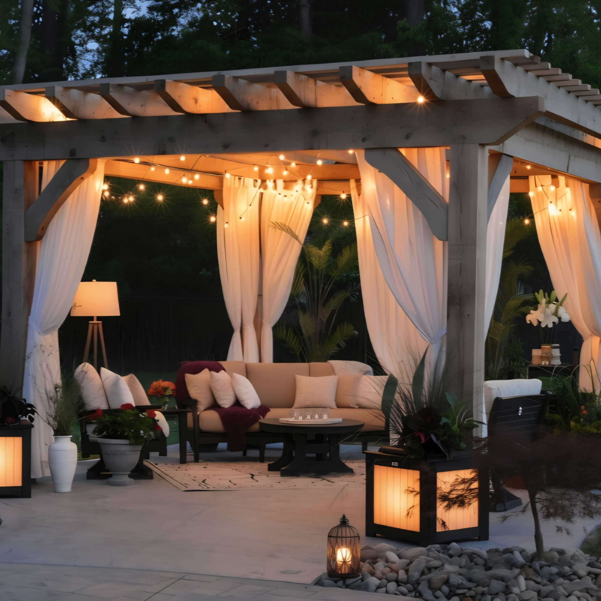 Twilight outdoor pergola with warm ambient lighting - Woodland Reverie candle pairing inspiration for Mossfall and Orriswood
